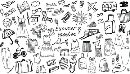 Summer vector black and white set drawn by hand. Isolated objects on a white background. Vacation, packing bags, travel, adventure, trip, women's clothing, beach vacation.