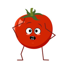 Cute tomato character with emotions in a panic grabs his head