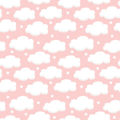 Seamless pattern with white clouds and stars on a pink sky background. For printing on fabrics, textiles, paper, bedding. 