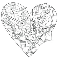 Drawing in the shape of a heart. Palette, brushes and drawings.Coloring book antistress for children and adults. 
