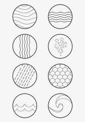 Set of icons Backgrounds or Patterns of water, waves. Hand drawn doodle shapes. Wave, drops, curves, Lines. Contemporary modern trendy Vector illustration. Posters, Social media Icons templates