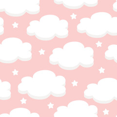 Seamless pattern with white clouds and stars on a pink sky background. For printing on fabrics, textiles, paper, bedding. 