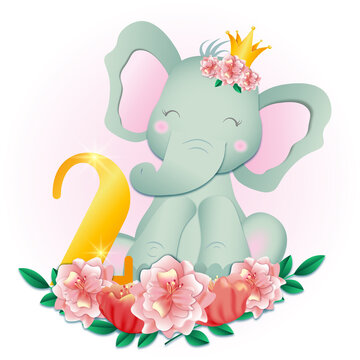 elephant with flower. 2st birthday. children's party invitation © Irina Maister