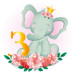 elephant with flower. 3st birthday. children's party invitation 