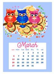 Calendar 2022. Cute owls and birds for every month. Wall vertical calendar for 2022, the week starts on Sunday. A4 format.