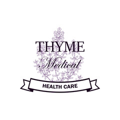 Fototapeta premium Medical thyme logo with hand drawn elements. Vector illustration in sketch style isolated on white background