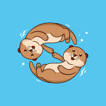 Cute Cartoon Otter Couple Holding Hands. Kawaii Little Otters In Love, Vector Clip Art Illustration