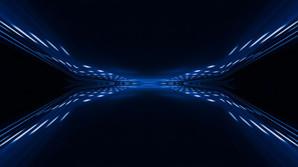 Abstract dark futuristic blue night background. Rays and lines, lightning, lights. Blue neon light, symmetrical reflection, futuristic light tunnel, stage. 3D illustration. 
