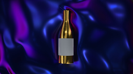 Gold bottle of wine on the wavy dark blue cloth. Clean label for your logo or text. Dark blue background. 3d rendering.