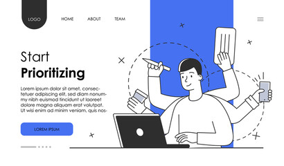 Male character shows multitasking. Ma is sitting and doing several tasks at once. Concept of multitasking at work. Website, web page, landing page template. Flat cartoon vector illustration