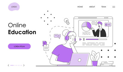 Female character is studying online on laptop. Concept of remote online digital education on computer from home. Website, web page, landing page template. Flat cartoon vector illustration