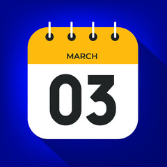 March day 3. Number three on a white paper with yellow color border on a blue background vector.