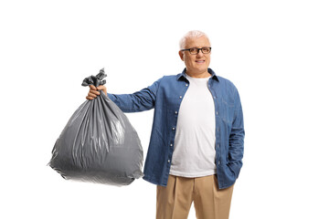 Mature man holding a bin bag