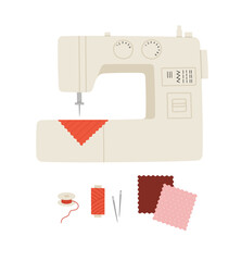 Vector illustration of supplies for sewing isolated on white background. Sewing machine, needles, thread, fabric samples, and spool. Hand-drawn set in flat style. Sewing hobby concept. 
