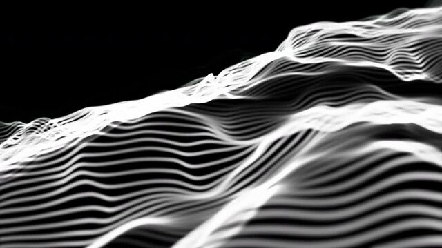 Abstract wave technology background with white lines animation particle wave shapein slow motion. 4k Seamless loop