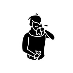 Runny nose glyph icon.Common cold.Flu infection and influenza symptoms Character blowing his nose in a handkerchief.Health problem. Allergy. Filled flat sign. Isolated silhouette vector illustration