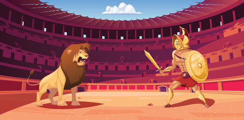 Gladiator and lion fight in  Coliseum arena vector illustration © johnnyknez