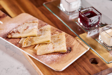 flat lay beautiful appetizing pancakes dish for breakfast, copy space. food and restaurant concept