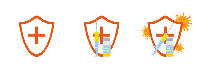 Vaccine concept images set. Syringe, ampoule with vaccine and protection against coronavirus. Illustration.