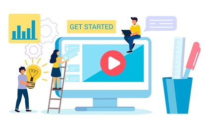 Professional training Webinar Online business courses Presentation  Education Video tutorial Vector flat illustration Design composition market analysis creative solution Сoncept of online meeting