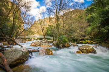 Beautiful mountain river stream in the iconic park of Fragas de Sao Simao, Portugal. Natural Park with river stream and beautiful trees in Aldeias de Xisto, Portugal