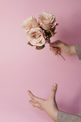 Creative concept of woman and roses. Copy space.