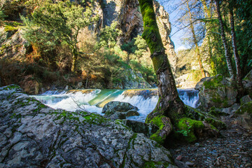 Beautiful mountain river stream in the iconic park of Fragas de Sao Simao, Portugal. Natural Park with river stream and beautiful trees in Aldeias de Xisto, Portugal