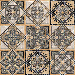 Digital tile design. Damask patchwork pattern with geometric and floral print
