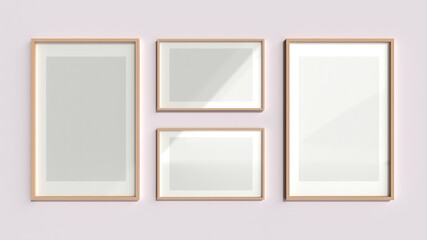 3D Render mockup of four vertical and horizontal wooden empty frame with white paper border inside and gray space on bright pink wall. Border template creative project concept with sunlight