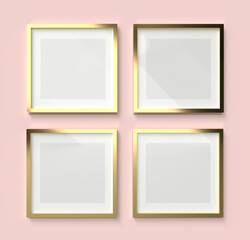 3D Render mockup of four square golden empty frame with white paper border inside and gray space on bright pink wall. Border template creative project concept with sunlight