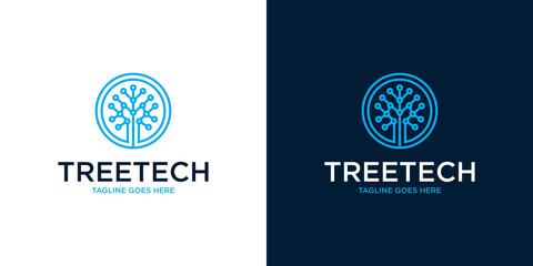 Tree Technology Network connection creative vector logo. Digital tree logotype concept. Cloud storage icon logo design template