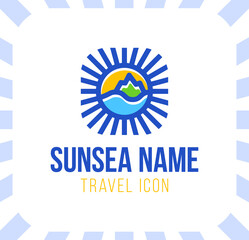 Summer travel vacation vector logo concept illustration in circle shape. Paradise beach color graphic sign. Sea resort, sun, mountains, palm tree and waves.