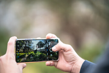 taking photo with smartphone to the landscape and forest