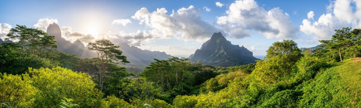 Panoramic view of Mont Rotui on Moorea island, French Polynesia