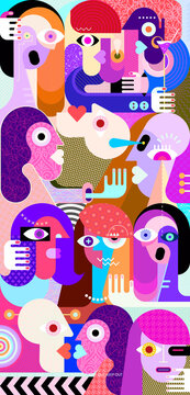 Large Group Of People Abstract Art Graphic Illustration. 