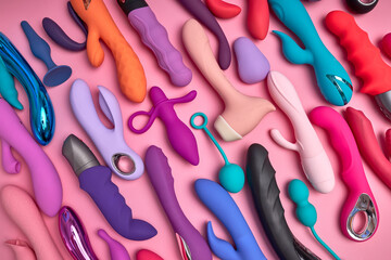 set of different types of sex toys for adults, various dildo for role-playing games. flat lay colourful dildos on pink background
