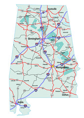 Clean vector map of the state of Alabama and it's Interstate System.
