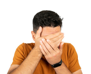 Portrait of young man looking scared.