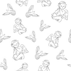 Seamless pattern of many angels children and white doves on a white background