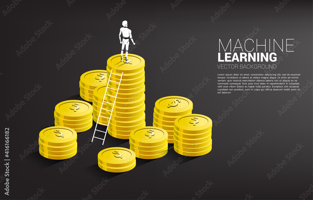 Aufkleber Silhouette of robot standing on top of coin stack with ladder. Concept of artificial intelligence investment.