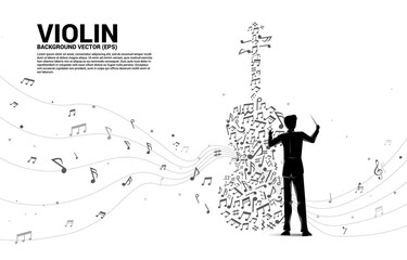 Vector silhouette of conductor hand with music melody note dancing flow shape violin icon . Concept background for song and concert theme.