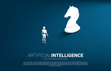 Silhouette of robot standing with knight chess piece 3D silhouette vector. Concept of artificial intelligence investment.