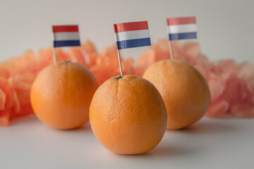 Oranges with Dutch flag and funny eye glasses on white background. Celebration of Dutch traditional...