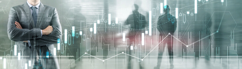 Stock Market on cityscape and silhouettes people background