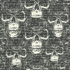 Vector seamless pattern with handwritten text Lorem Ipsum on a background with ominous human skulls in retro style. Suitable for wallpaper, wrapping paper, textiles, fabric, backdrop, halloween design