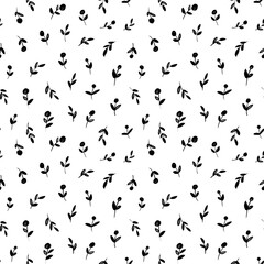 Brush black freehand leaves and flowers vector seamless pattern. Hand drawn black paint ink illustration with abstract floral motif. Hand drawn painting for your fabric, wrapping paper, wallpaper