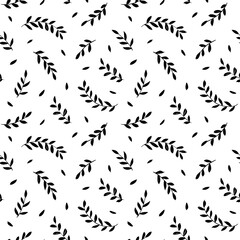Hand drawn small leaves vector seamless pattern. Tiny vector black branches, twigs with leaves. Black ink texture with foliage. Hand drawn eucalyptus, laurel twig. Abstract plant motif