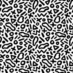 Geometric pattern memphis style background. Seamless abstract vector black pattern. Grunge straight brush stroke, triangles, circles, dots, fluid shapes, zigzag lines. Ink illustration in 80-90s style