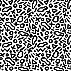 Geometric pattern memphis style background. Seamless abstract vector black pattern. Grunge straight brush stroke, triangles, circles, dots, fluid shapes, zigzag lines. Ink illustration in 80-90s style