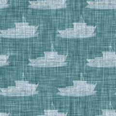Aegean teal fishing boat bird linen texture background. Summer coastal living style 2 tone fabric effect. Sea green wash distressed grunge material. Decorative ship motif textile seamless pattern 
